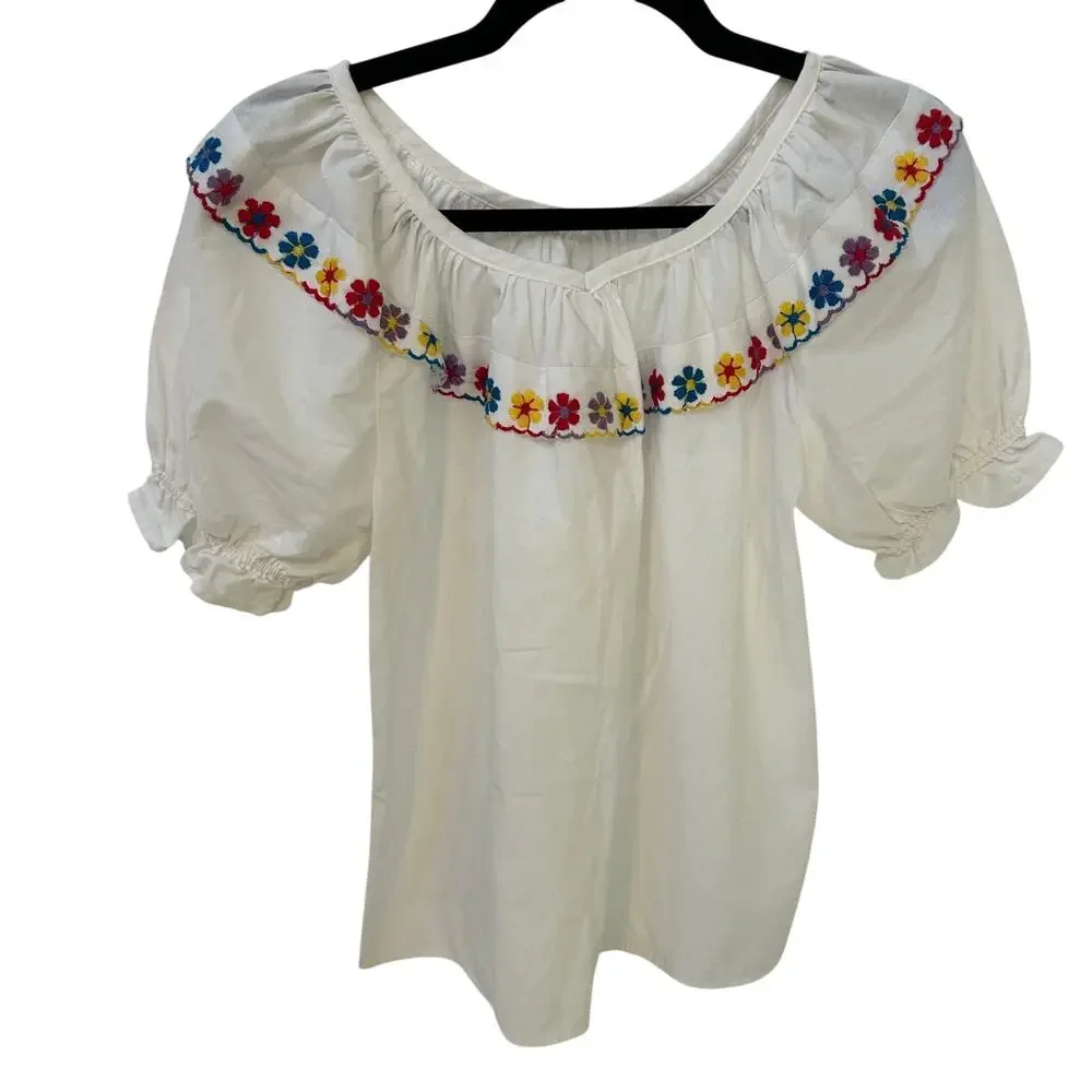 VTG Rockmount Ranch Wear White Floral Embroidered Ruffle Peasant Blouse Boho - Picture 8 of 8